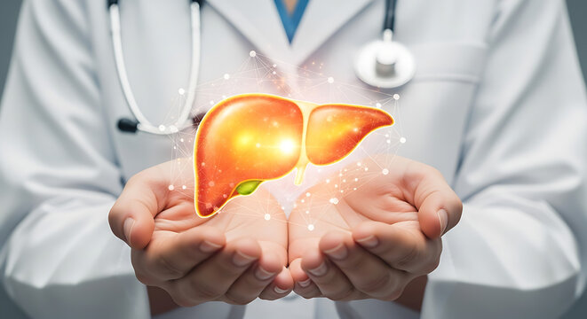 A Doctor's Hands Gently Holding a Glowing, Healthy Human Liver Illustration