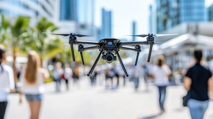 High tech drone flying over busy outdoor event, showcasing innovation and excitement