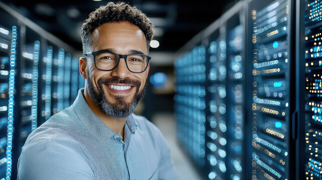 Professional smiling man data center surrounded by servers, showcasing expertise technology