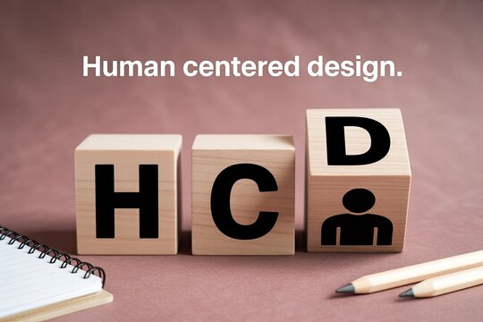Human centered design concept with hcd letters and icon representing people on wooden blocks