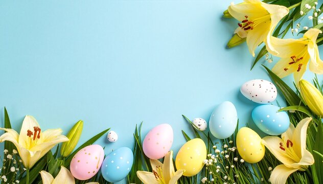 A vibrant blue background adorned with colorful Easter eggs nestled among blooming flowers, creating a cheerful and festive springtime scene.