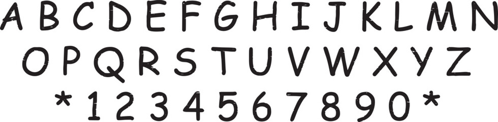 Hand drawn bold alphabet and numbers set in black textured style, playful uppercase letters A to Z with digits 0 to 9 and star symbols, grunge handwritten typography for posters, crafts, or graphic de