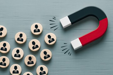 Large horseshoe magnet attracting small circular icons representing people and customers for business growth