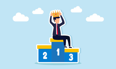 businessman wearing crown sitting on first place podium illustration of leading company in a business sector