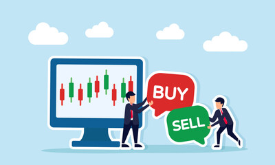 two businessmen holding buy and sell signs near monitor showing candlestick chart illustration of stock trading in a stock exchange