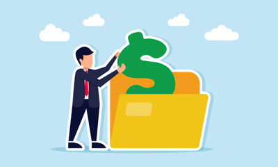 businessman pulling dollar sign from folder illustration of emergency fund application in a business company