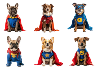Collection of dogs in superhero costumes with red and blue capes and yellow stars on their chests.