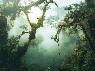Enchanting misty forest adventure amazon rainforest nature photography serene environment eye-level perspective