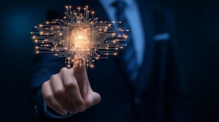 Man Engaging with Virtual AI Chip Interface on a Machine Learning Background with Copy Space, Future Technology Concept