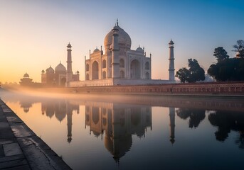 Fototapeta premium The majestic Taj Mahal standing gracefully at sunrise, with a light mist lingering over the water, providing a stunning reflection and a serene atmosphere