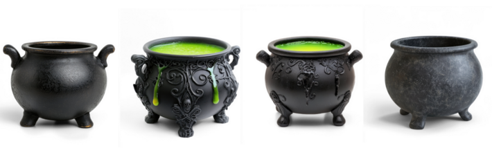 Collection of black, ornate cauldrons with green liquid inside, against a white background.