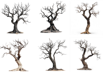 Collection of dead trees with varying textures and colors on a white background.