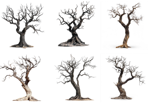 Collection of dead trees with varying textures and colors on a white background.
