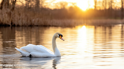 Fototapeta premium Elegant white swan gliding across tranquil lake at sunrise, creating serene atmosphere