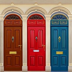 Three elegant, colorful doors with arched tops and decorative elements