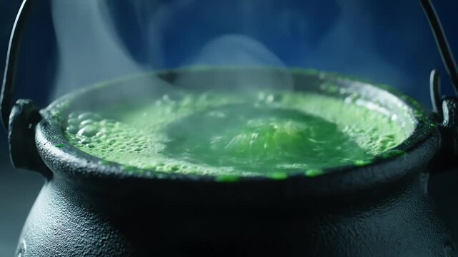 Close-up of a bubbling cauldron with spooky bat wings reflected in its green potion against a dark blue background, shot with shallow depth of field and conveying a mystical, mysterious mood. - Powered by Adobe