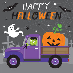 Happy halloween with frankenstein and pumpkin on the truck