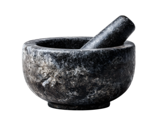 A traditional mortar and pestle set made from rough, dark black/gray speckled granite or stone. Ideal for grinding spices, herbs, or for rustic kitchenware mockups.