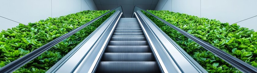 Obraz premium Modern Escalator Surrounded by Lush Greenery in a Contemporary Shopping Mall Environment