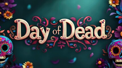 Day of the Dead logo with colorful flowers and skulls on a dark green background.