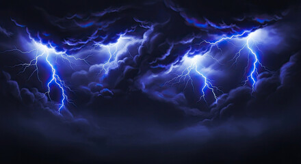 A dramatic thunderstorm with lightning bolts illuminating the dark clouds and sky.