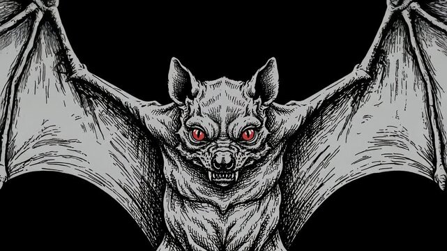 Monochromatic illustration of a bat with spooky bat wings spread wide, its red eyes piercing through the darkness, presented with fine, detailed linework conveying a mysterious, gothic mood against a