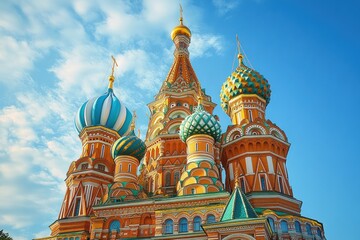 Fototapeta premium Colorful onion domes and intricate towers of a historic ornate building under a bright blue sky with scattered clouds