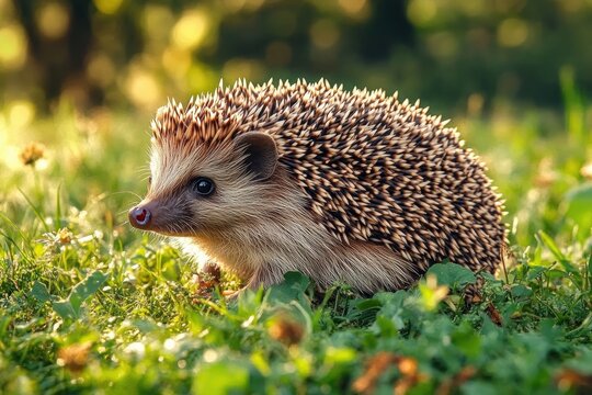 close-up of a small hedgehog walking on green grass with sunlight illuminating its spines in a natural outdoor environment - Powered by Adobe