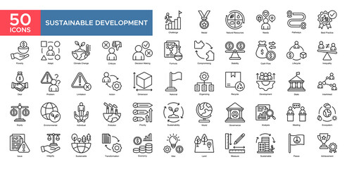 Sustainable Development collection set. Challenge,Natural Resource,Needs,Decision Making,Development,Meeting,Sustainability, icon. Simple outline vector illustration