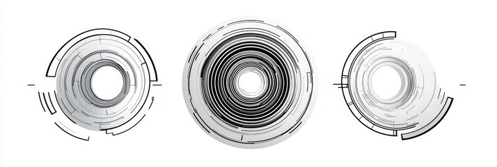 Set of three abstract circular digital interface elements with concentric rings and segmented lines representing futuristic technology design