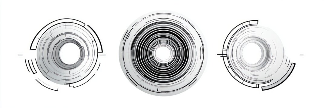 Set of three abstract circular digital interface elements with concentric rings and segmented lines representing futuristic technology design