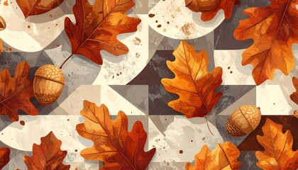 Autumn leaves and acorns scattered on geometric mosaic tiles