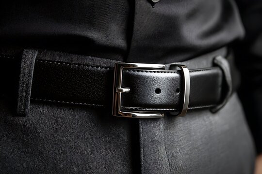 Sharp dressed man wearing a stylish black leather belt with silver buckle, perfect for fashion blogs or sophisticated lifestyle campaigns