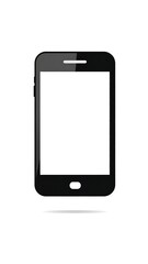 Stylized, modern black smartphone with a bright, blank screen on white background