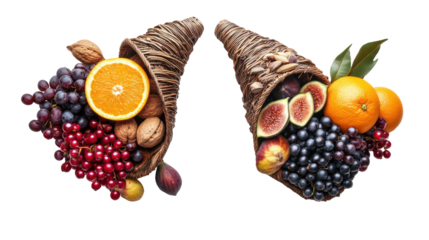 Two cornucopias overflowing with fresh fruits and nuts isolated on transparent background