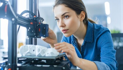 Beautiful young woman operating a 3D printer, monitoring the printing process of a modern prototype in a creative studio with focused expression