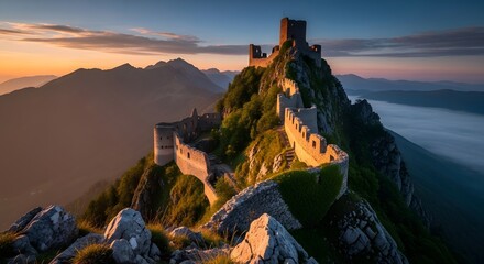Fototapeta premium The ruins of castello di zumelle stand atop a mountain at sunrise, shrouded in mist and golden light