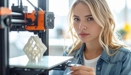 Beautiful young woman operating a 3D printer, monitoring the printing process of a modern prototype in a creative studio with focused expression