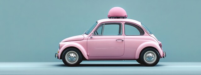 Fototapeta premium Side view of a small vintage pink car with rounded edges and a matching pink helmet on the roof against a plain blue background