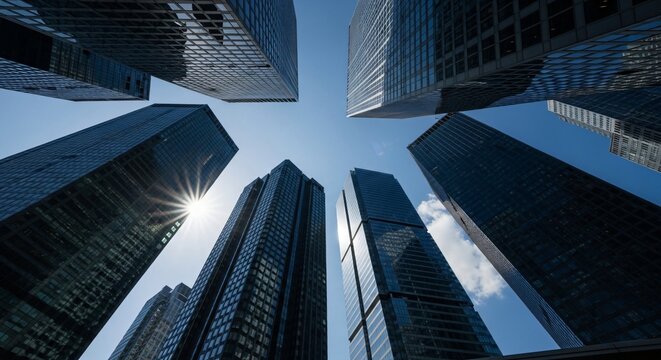 Modern glass skyscrapers reaching towards a clear blue sky with bright sun rays