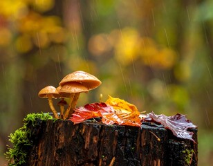 Autumn mushrooms and colorful leaves on a mossy tree stump in rain