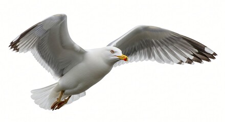A white seagull with spread wings in flight against a pure white background
