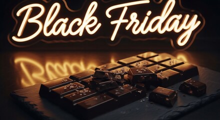 Enticing Black Friday promo featuring artisan dark chocolate. Ideal for sales ads, sweet deals, chocolate day, confectionery offers, and holiday shopping themes. Tempting delicacy.