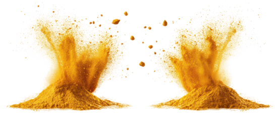Dual turmeric powder splashes overhead side by side ultra realistic on transparent background