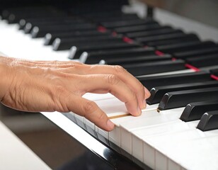 Fototapeta premium Close-up of hand playing a piano keyboard, with fingers on keys