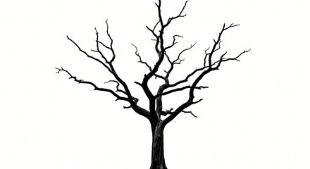 Silhouette of a bare dead tree against a stark white background branch