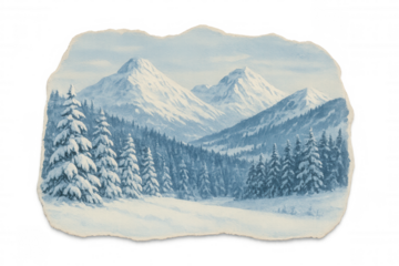 Winter mountain landscape painting, snowy pine forest and peaks, cold nature scene on transparent background