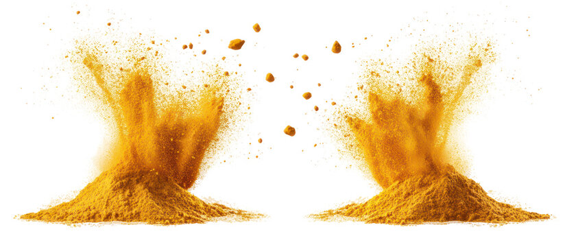 Dual turmeric powder splashes overhead side by side ultra realistic on transparent background
