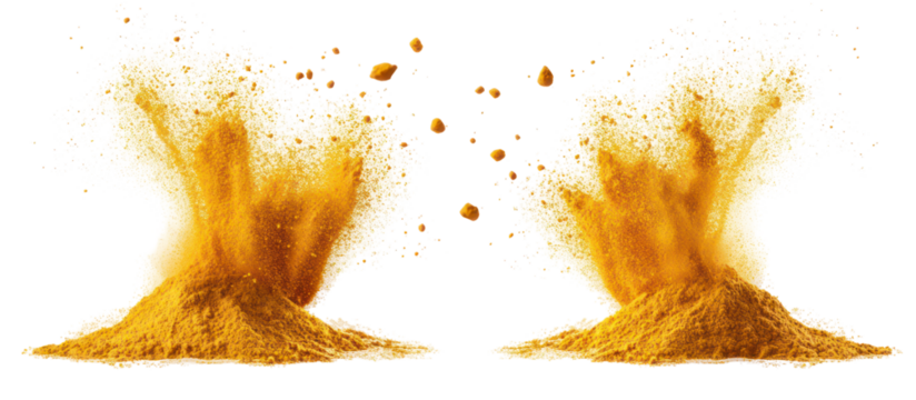 Dual turmeric powder splashes overhead side by side ultra realistic on transparent background