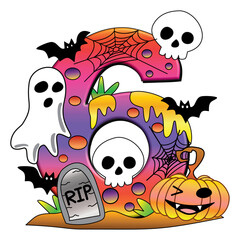 Spooky Halloween Number Six Illustration with Pumpkin, Ghost and bat.